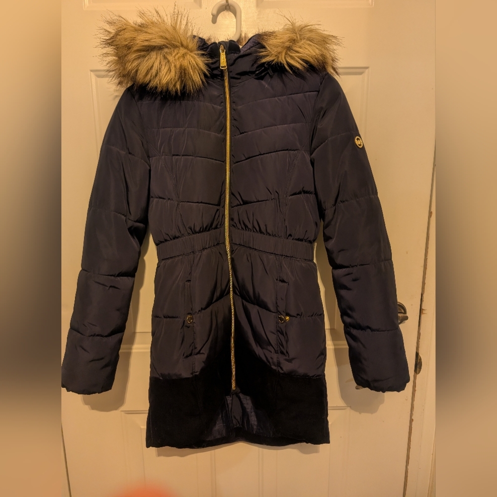 Michael Kors Navy Puffer Coat with Faux Fur Hood
